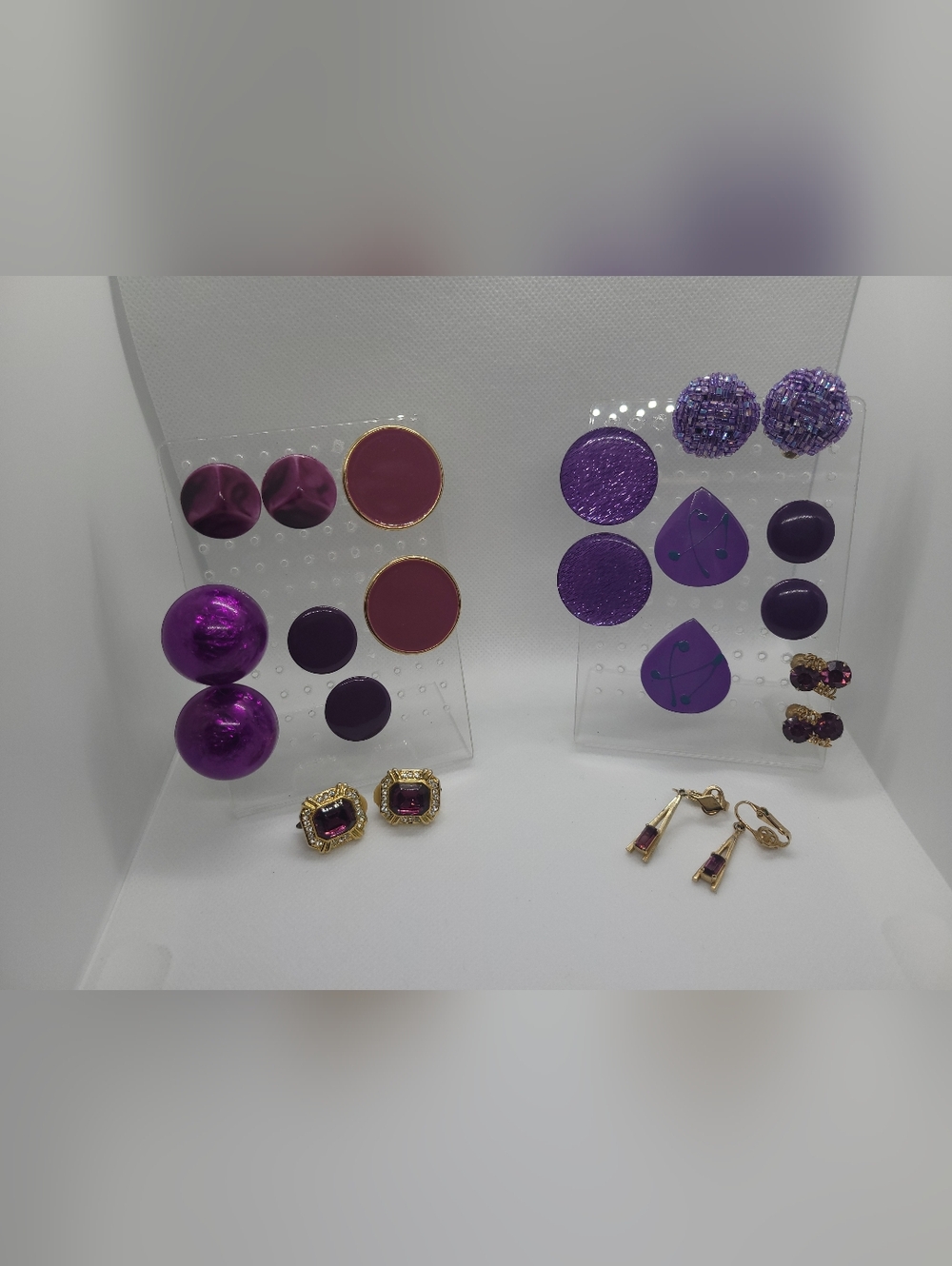 Gold and Purple Square Gem Drop Earrings - Unbranded